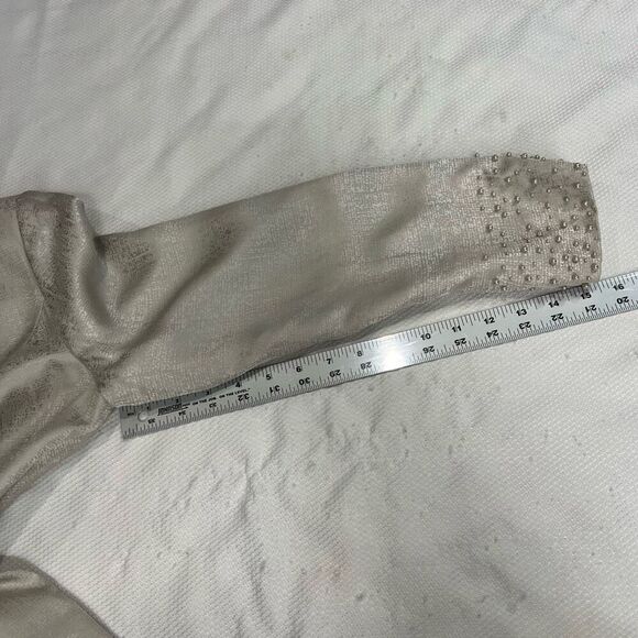 Papell Silver Pearl Studded Blazer Skirt 2 Piece Set Women’s 100% Silk Career - Picture 6 of 12